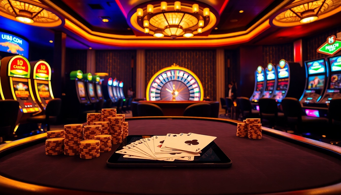 Experience excitement at UU88 COM with luxurious casino visuals of poker, roulette, and slot machines.