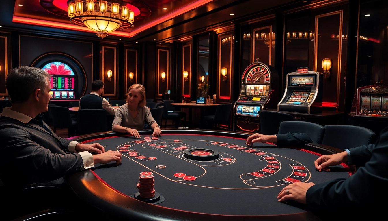 Experience the electrifying atmosphere of a sophisticated OKWIN casino scene with engaged players and vibrant tables.
