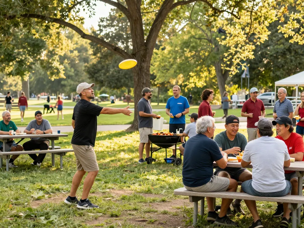 Men enjoying supportive interactions at a manclub community gathering in a sunny park.