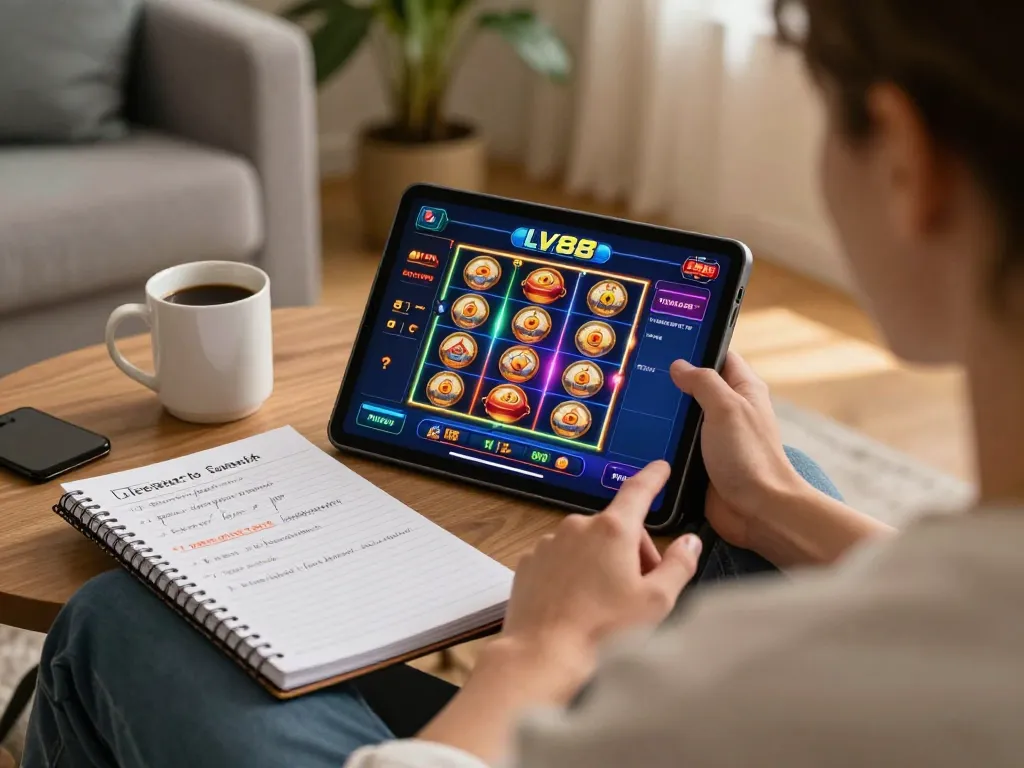 Person playing slots on LV88 tablet in a cozy home setting, showcasing online gambling experience
