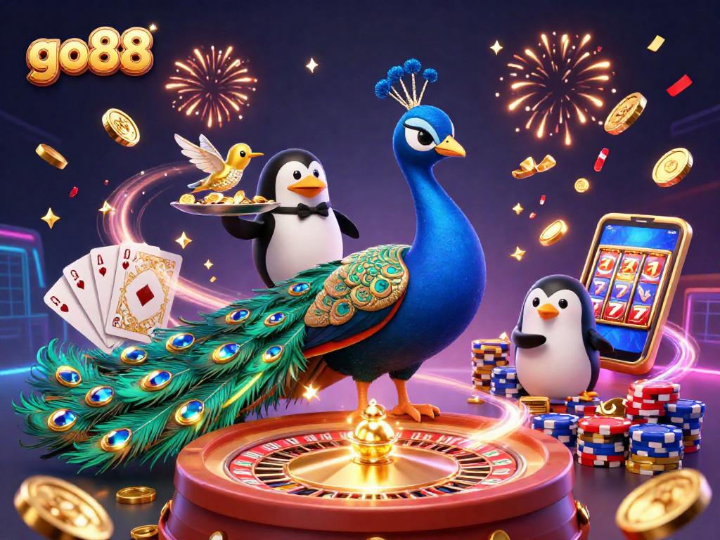 Win big at go88 with vibrant casino-themed 3D illustration showcasing dynamic characters and elements.
