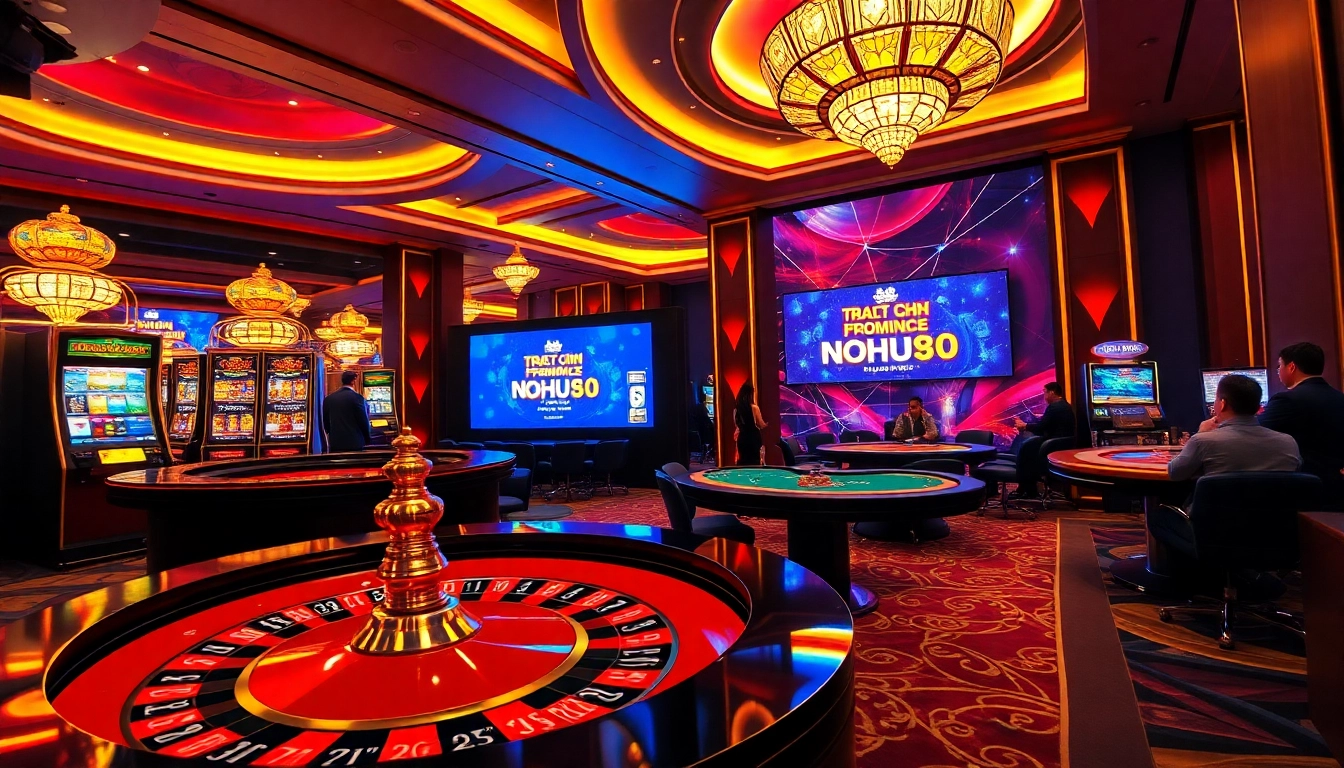 Engage in thrilling gameplay at trang chủ nohu90 on a luxurious casino floor with vibrant roulette and slot machines.