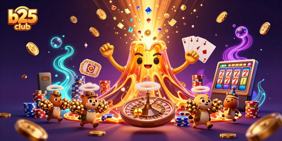 Spin and win at b25club with exciting slot machines and a golden volcano scene!
