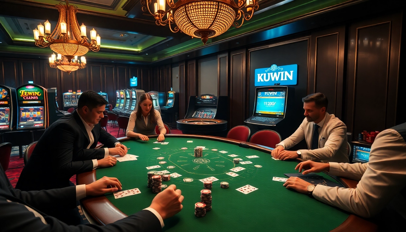 Players enjoy a thrilling game at KUWIN's luxurious poker table with vibrant chips and cards.