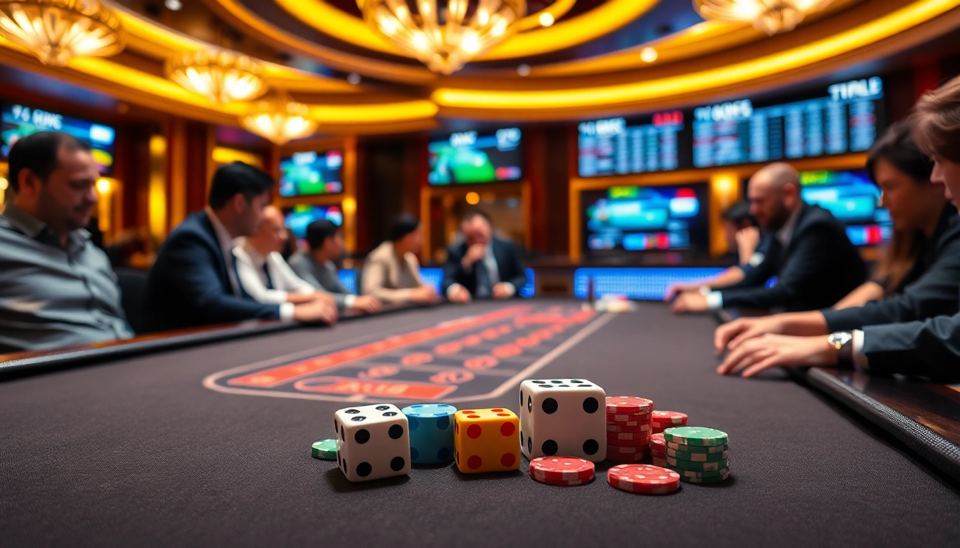 Exciting gaming scene featuring tài xỉu md5 with colorful chips and dice on a luxury casino table.