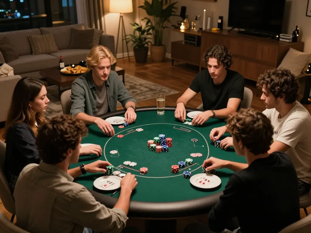 A lively poker game at home featuring friends engaging in competitive gameplay while enjoying drinks, focusing on a strategic approach at hytw3339 com.