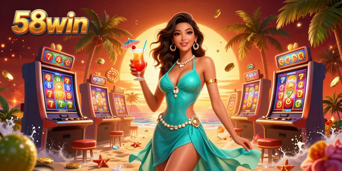 Experience the vibrant casino atmosphere at 58win with colorful slot machines and glamorous gaming elements.