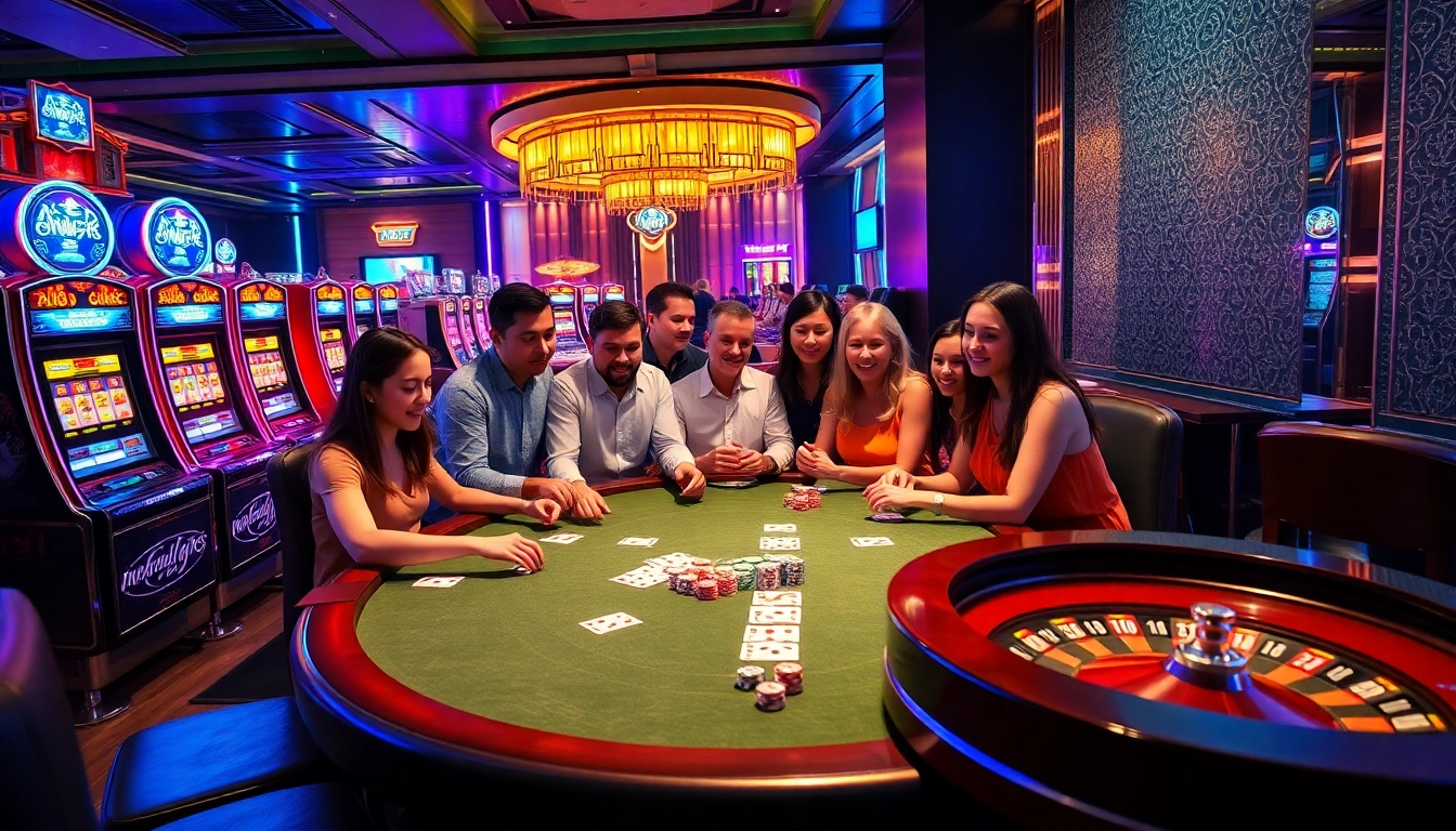 Action-packed casino scene at AA88 with poker players and vibrant slot machines.
