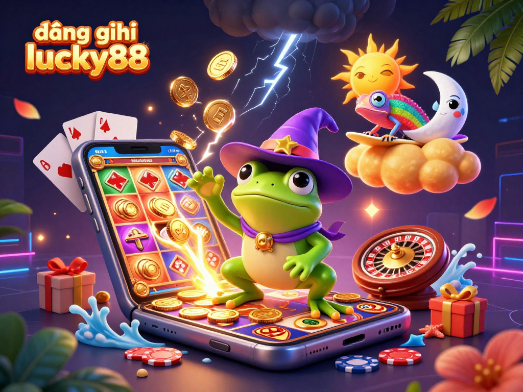 Win exciting jackpots đăng ký lucky88 with a vibrant 3D cartoon casino scene featuring colorful slots and lucky characters.