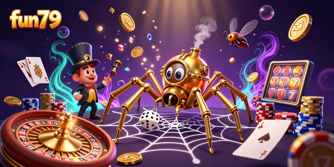 Experience fun79 casino excitement, featuring a golden spider, coins, and roulette elements.
