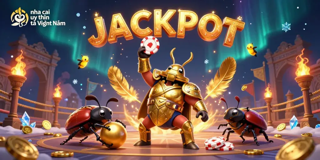 Engage with nha cai uy tin tại Việt Nam as a heroic beetle celebrates a big win in a grand casino scene.