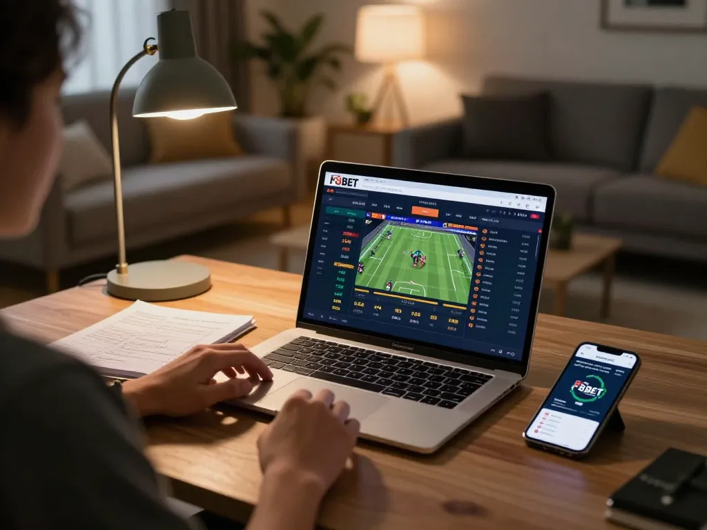 Engaged bettor analyzing F8BET odds at home, showcasing responsible gaming