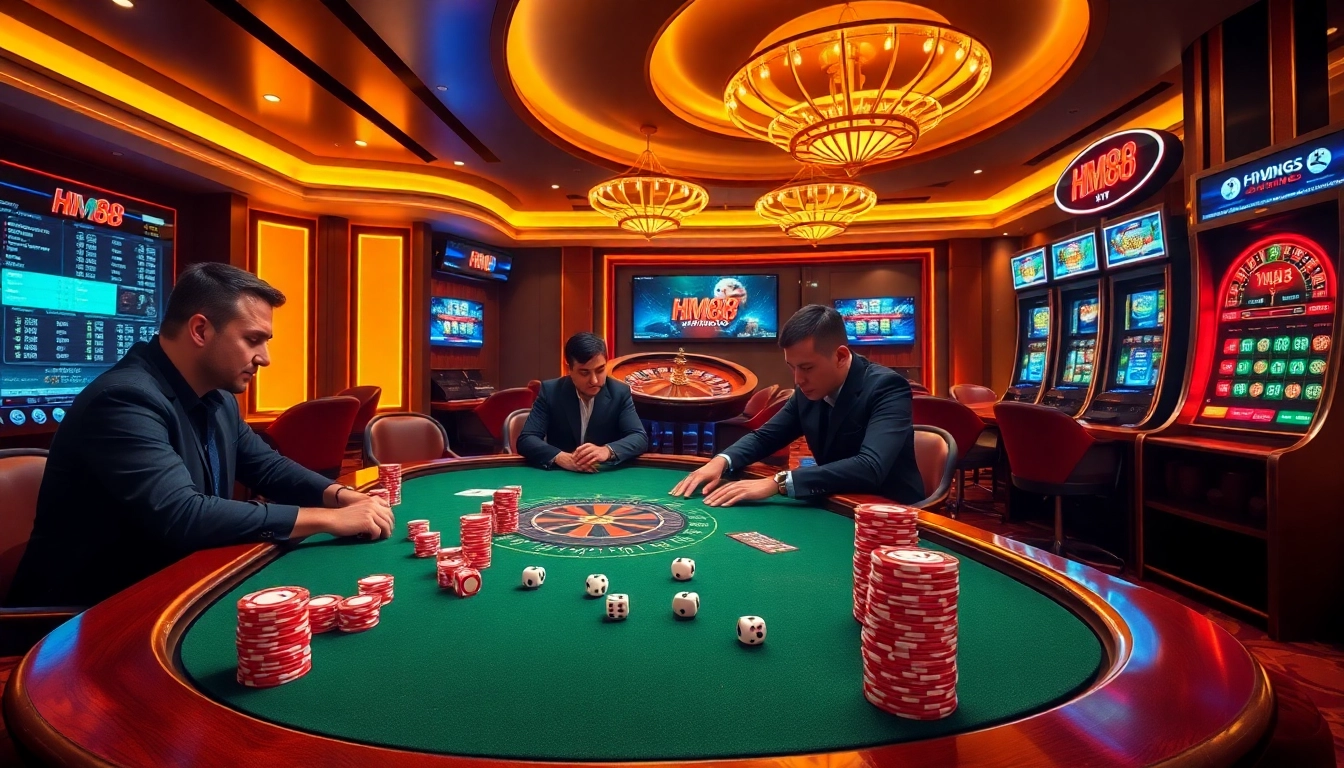 HM88 professional poker game featuring live betting, chips stacking, and roulette wheel action in a luxurious casino setting