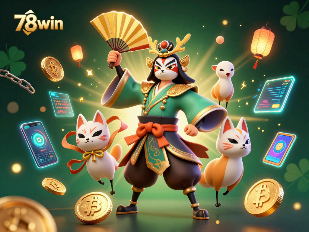 Experience the thrill of 78win with vibrant characters and digital casino elements in a captivating scene.