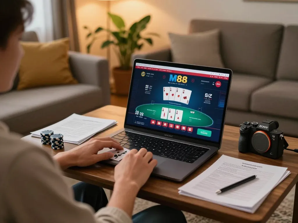 Engaged player at home using M88 for online poker gaming, showcasing comfortable atmosphere and strategic notebook.