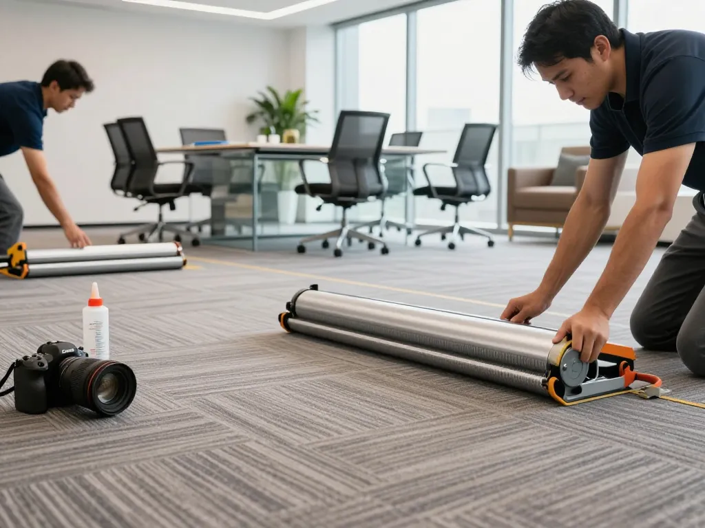 Technicians conducting commercial carpet installation in a modern office setting with quality tools and bright ambiance.
