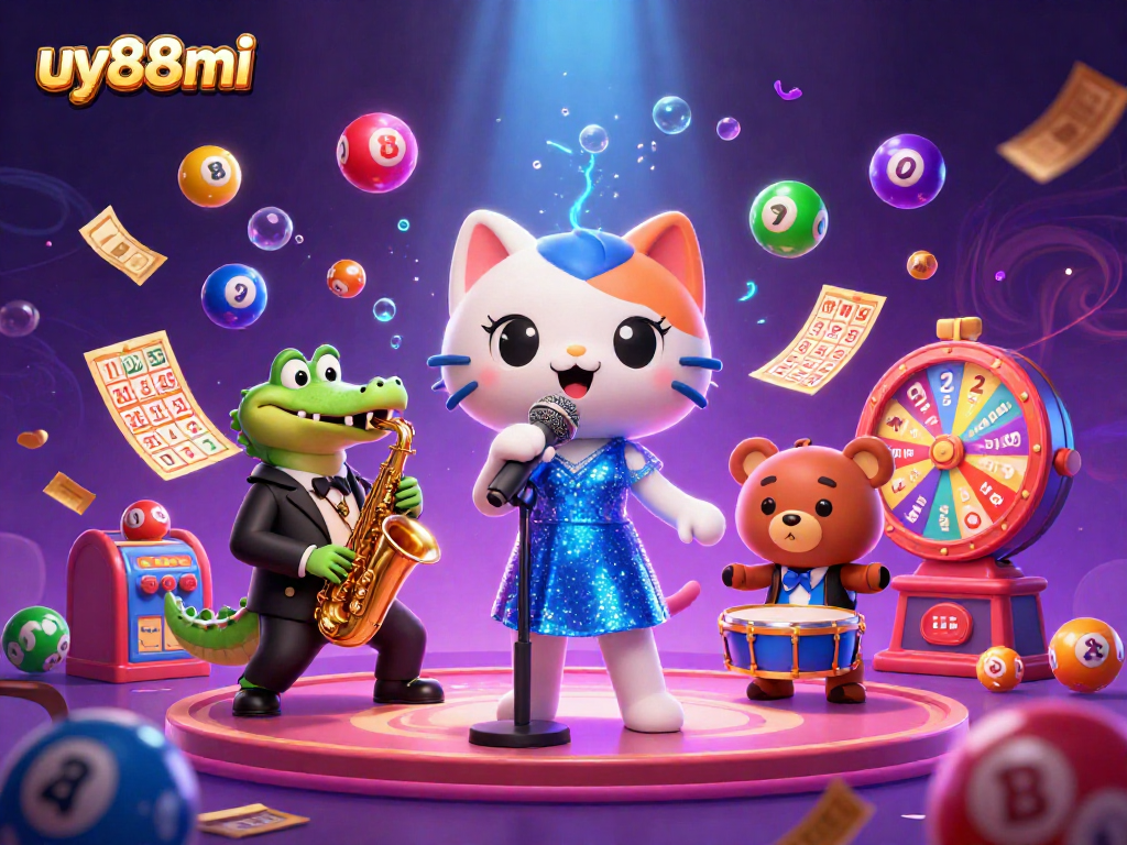 Experience the excitement of uy88mi with a jazzy cat, crocodile, and bear amid dynamic casino elements.