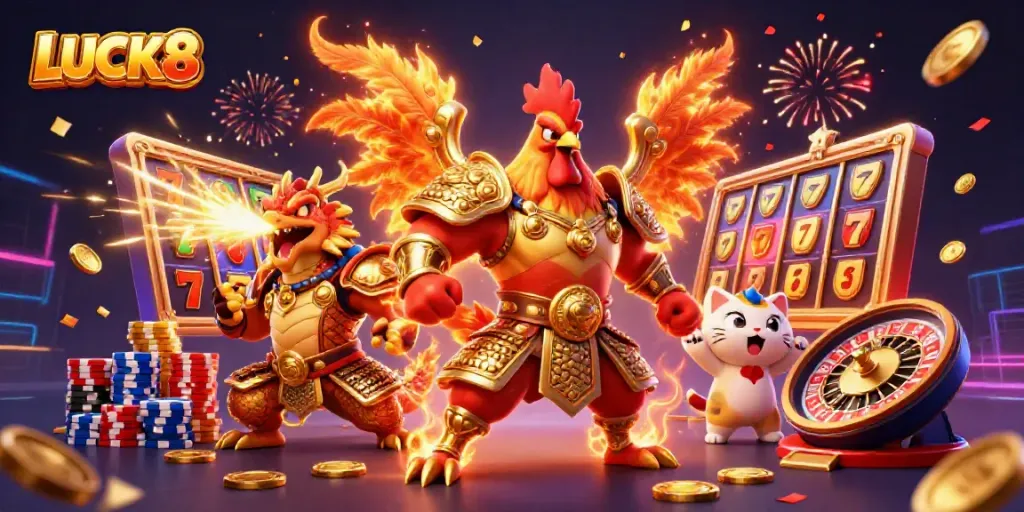 LUCK8 champions celebrate winning in an exciting casino atmosphere filled with slot machines and poker chips.