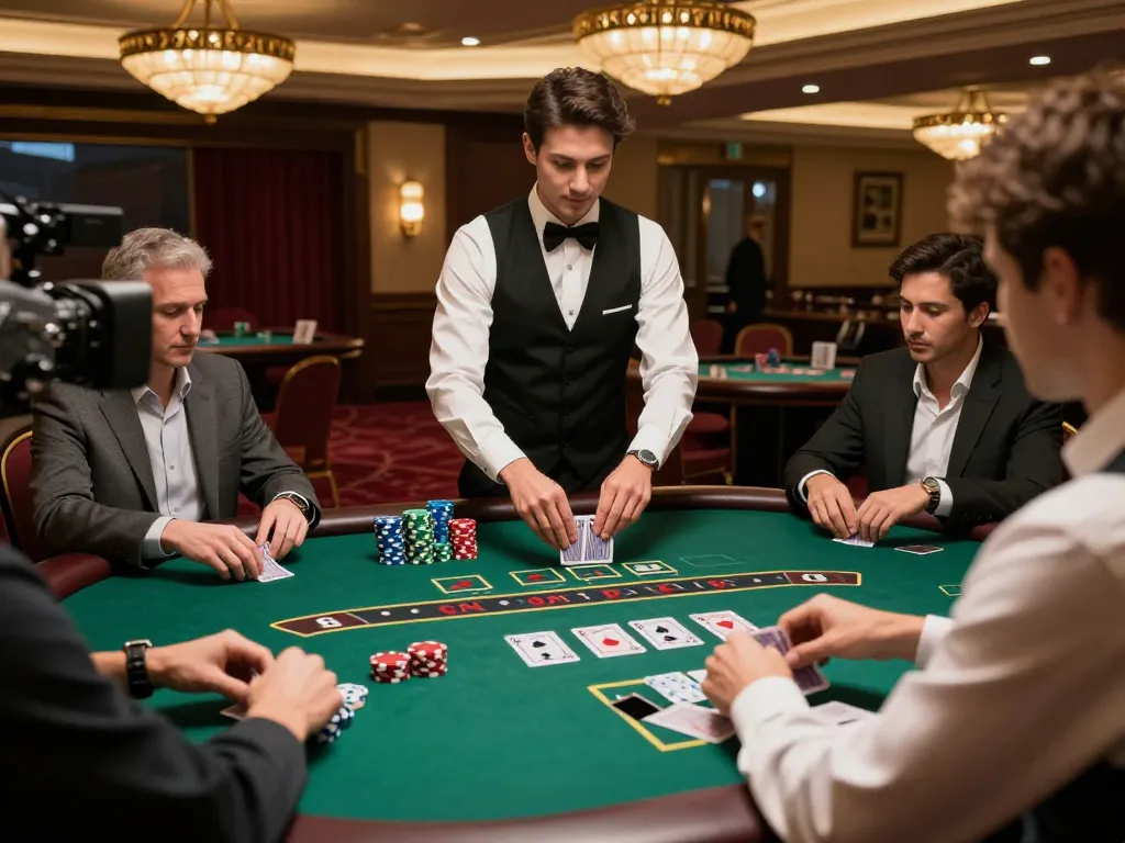 Players engaging in a strategic game of blackjack with Dwin technology in a luxurious casino setting.
