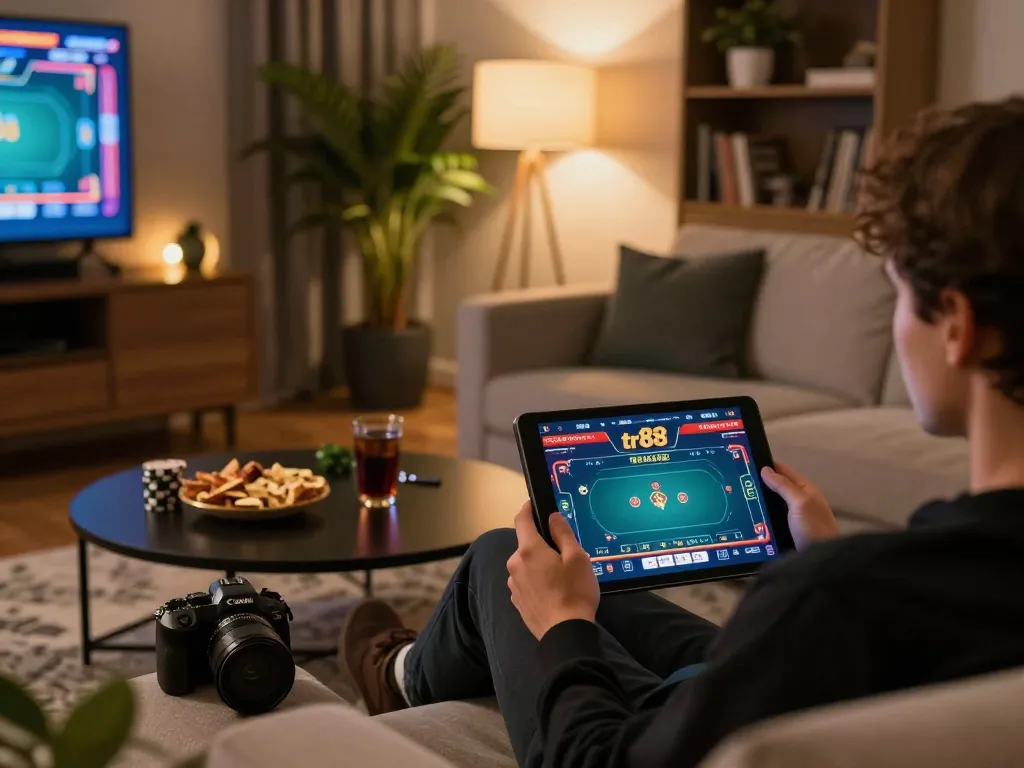 Player engaging with tr88 online poker game on tablet in a cozy living room setting