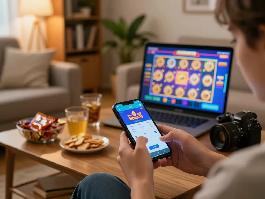 Sunwin user engaging with casino app on smartphone in a cozy setting.