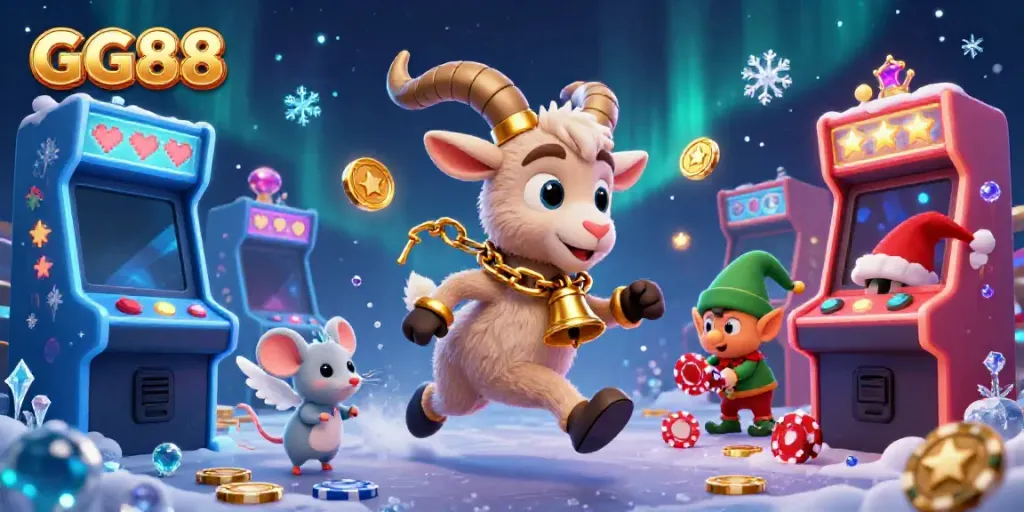 Play at GG88 casino with a whimsical Krampus goat and lively characters in a festive 3D scene full of gaming thrills.