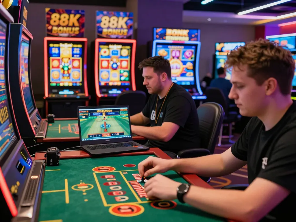 Players enjoying various games at BEM88 online casino, highlighting gaming excitement and 88K bonus offers.