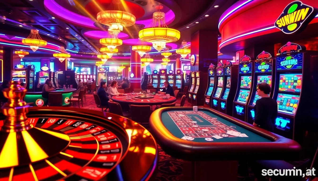 Experience sunwin's thrilling casino action with vibrant players at poker tables and exciting roulette.