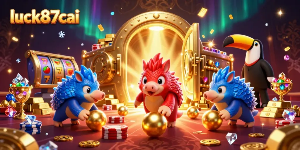 Experience excitement at luck87cai with rival pangolins bowling through poker chips in a vibrant casino scene.
