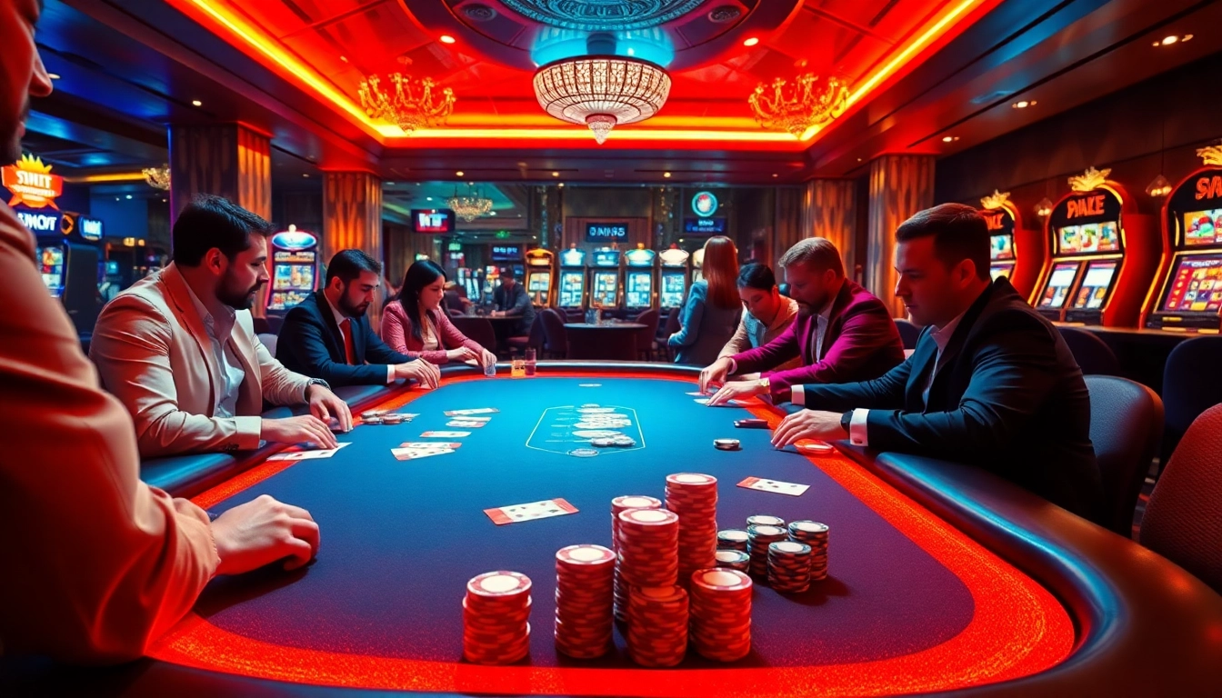 Tense poker game scene at SIN88 casino featuring players, chips, and cards.