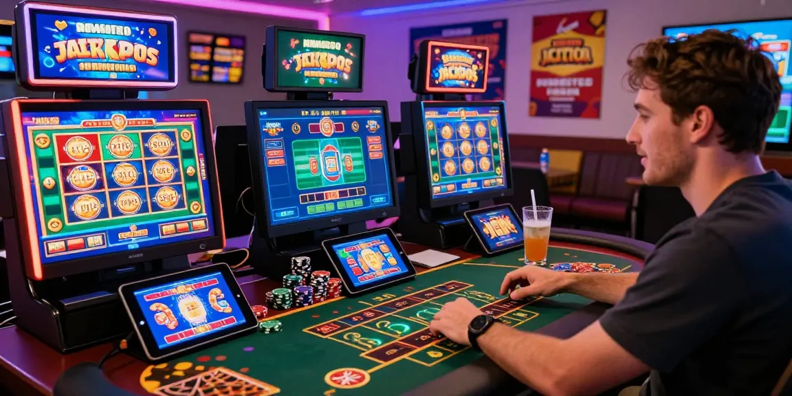 Player engaging with vibrant casinos not on GamStop games, colorful graphics and tokens in a modern home setup.