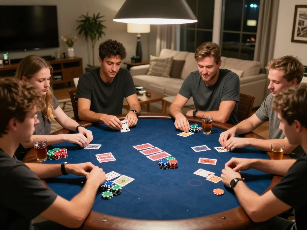 Engaged friends playing poker during home game night at nhà cái xoso66, showcasing strategy and excitement