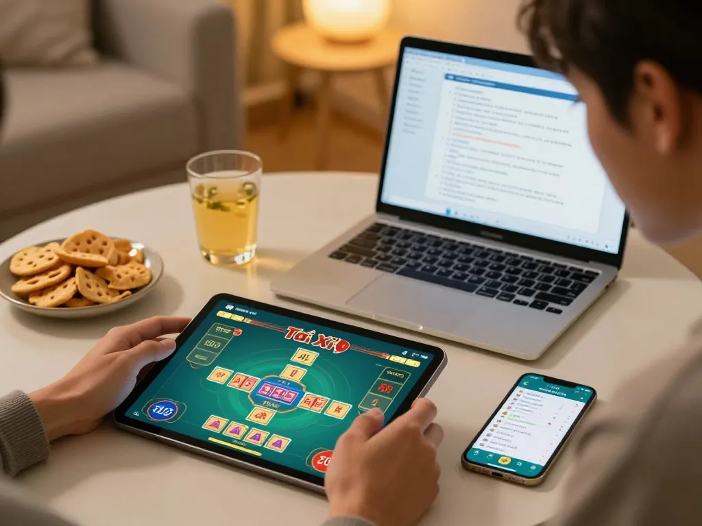 Player engaging with the app tài xỉu online on a tablet, enjoying cozy home gaming.