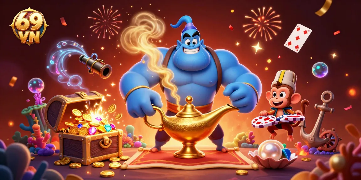 Experience the thrill of 69 VN with a vibrant casino illustration featuring a genie, treasures, and magic.