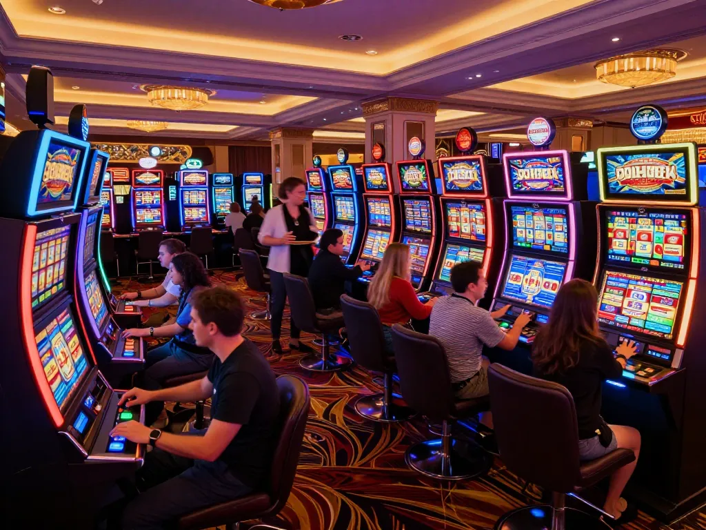 The excitement of playing slots at https://du88.autos/ with vibrant displays and engaged players in a lively casino atmosphere.