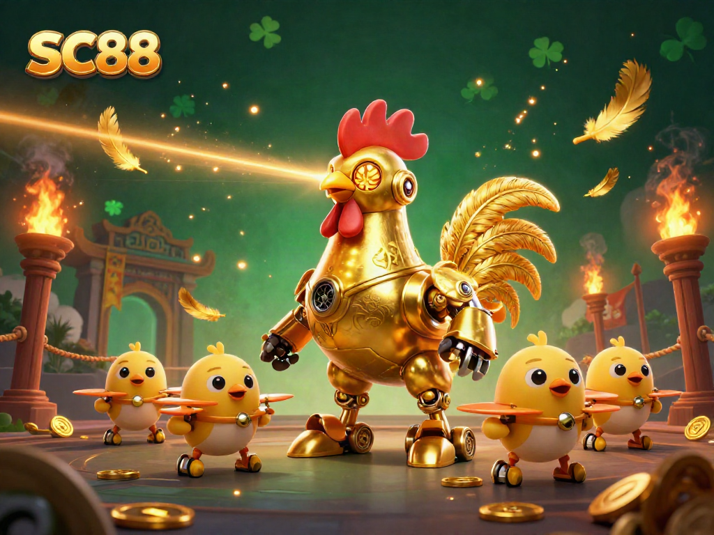 Engage in lively gameplay at SC88 with a retro-futuristic golden rooster robot and adorable drones.