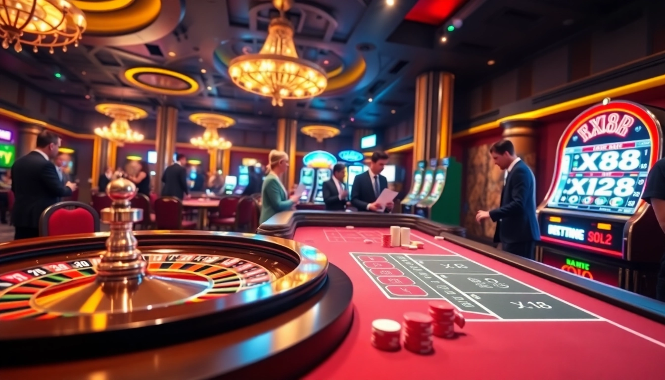 Experience the excitement of X88 gaming at a luxurious casino with vibrant tables and players in action.