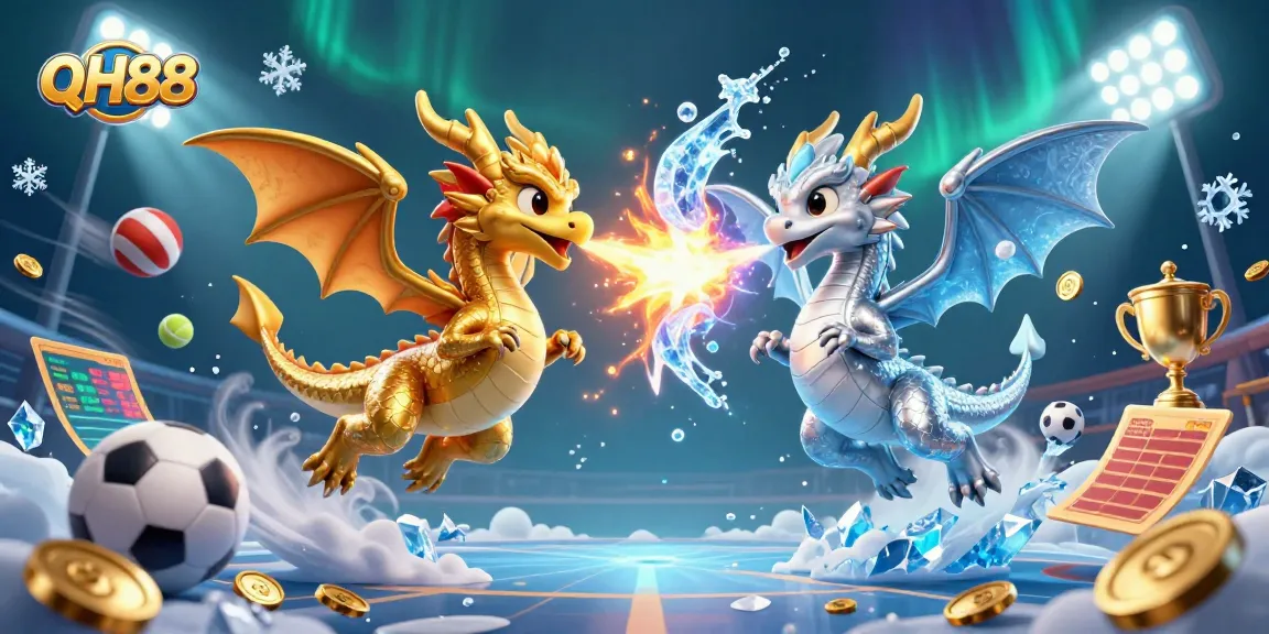 Experience dynamic action in QH88's 3D casino illustration featuring dragons and sports elements.