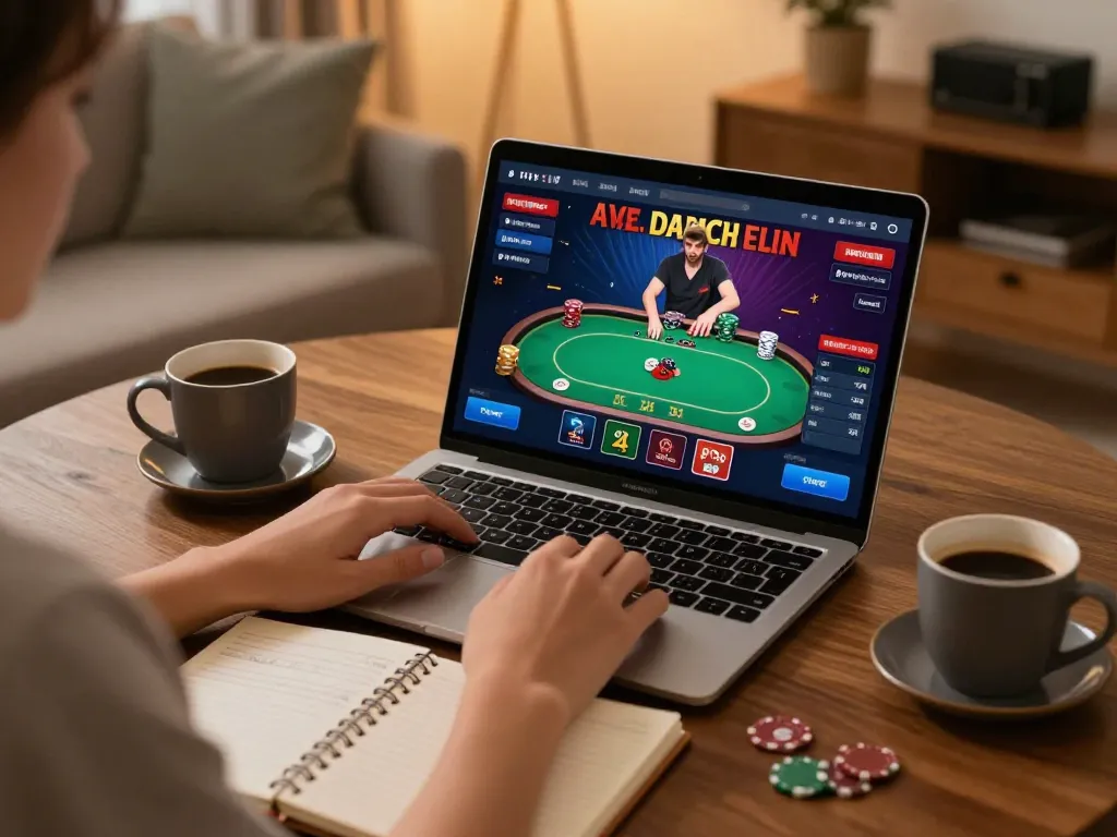 Engaging poker gameplay at home featuring person betting on the TR88 platform