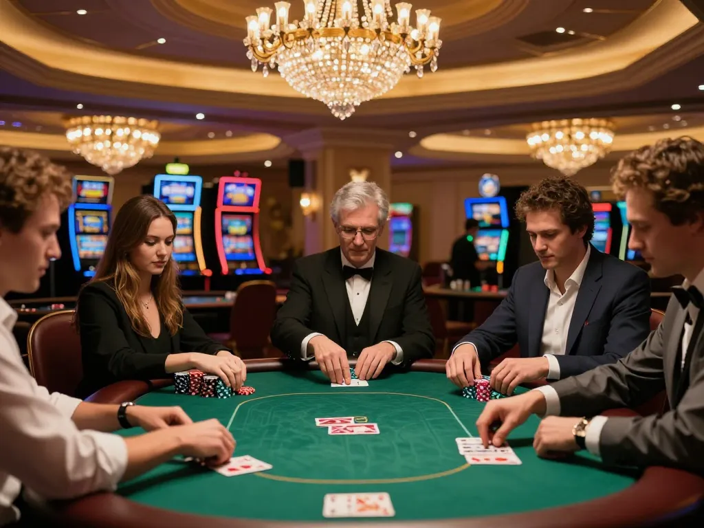 MM88 poker game action with engaged players at a luxurious casino table highlighting strategy and excitement.