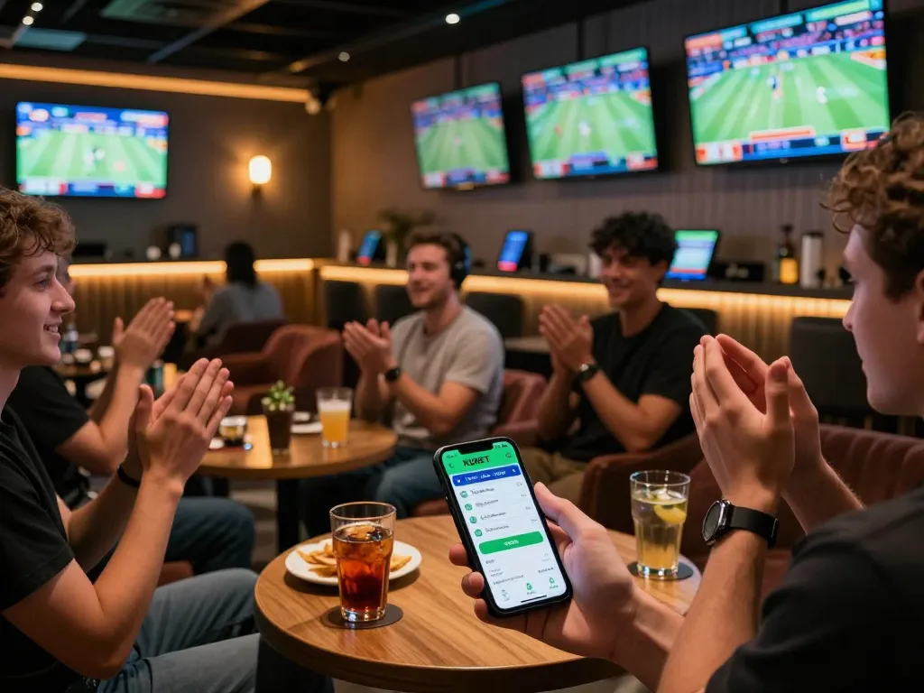 KUBET players engaging in live sports betting in a vibrant casino lounge atmosphere