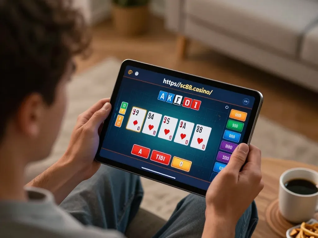 Engaged player on https://sc88.casino/ during a live dealer blackjack game on tablet in a cozy home setting.
