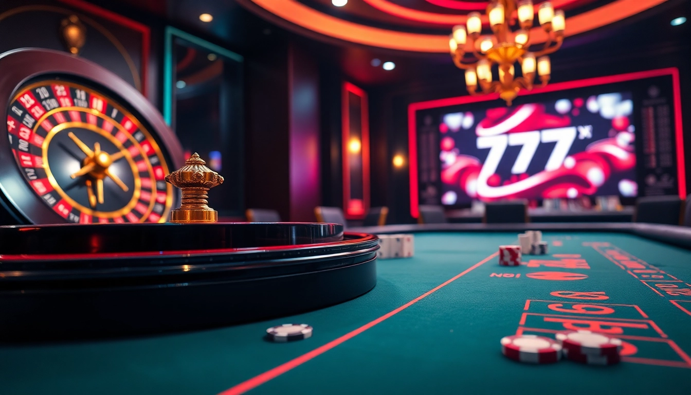 Experience the thrill of winning at 777X with a dynamic casino scene filled with poker chips and roulette wheels.