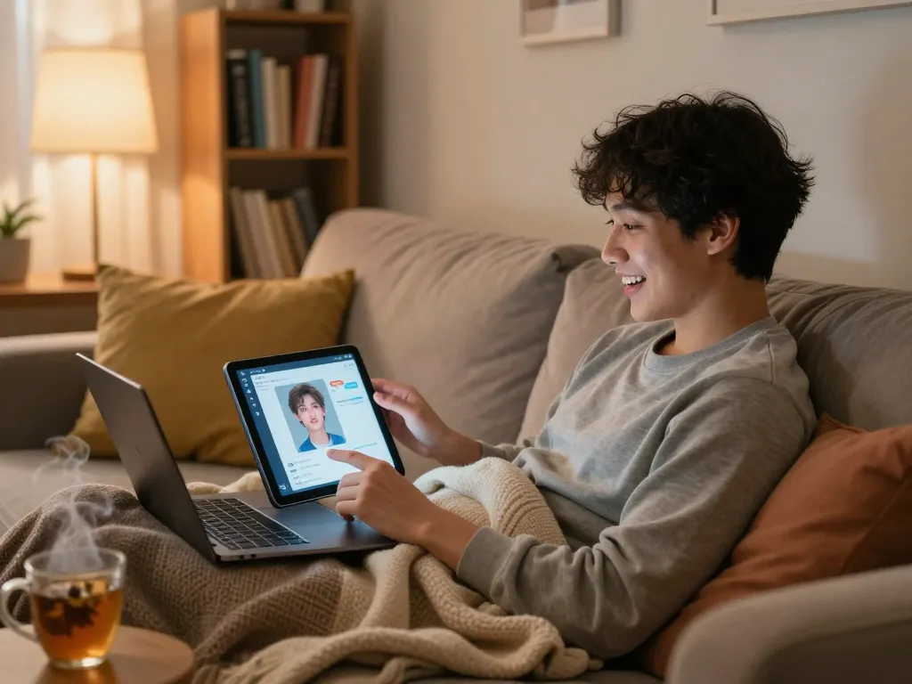 Engaging in ai sex chat while relaxing at home with a cozy atmosphere.