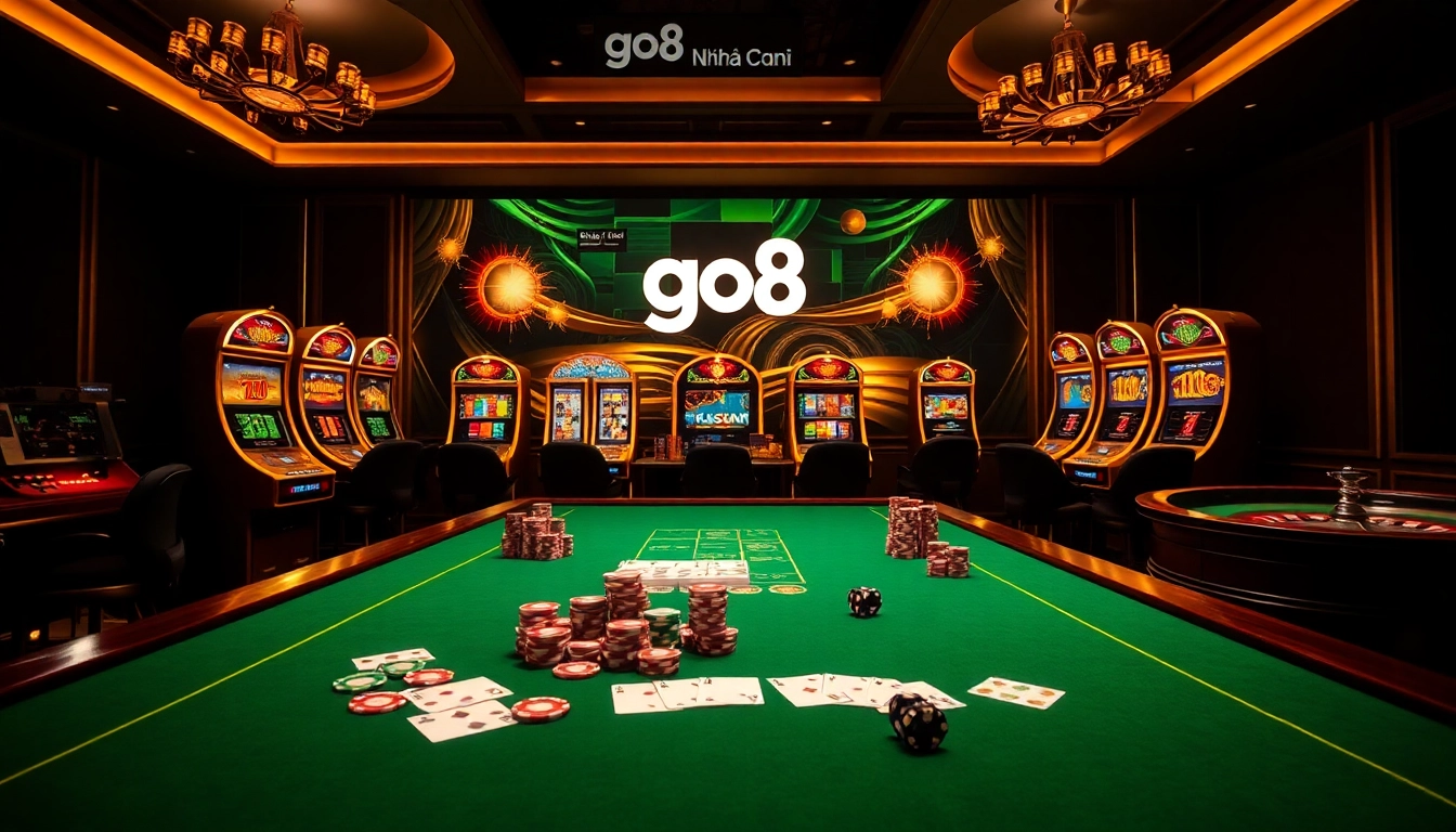 Vibrant gambling scene with go8 nhà cái branding, showcasing slot machines, cards, and roulette.