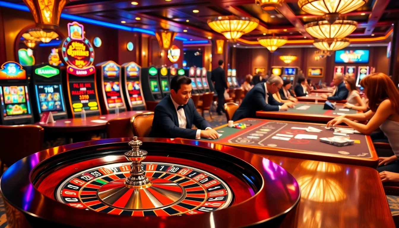 Exciting gambling atmosphere at nhà cái 58WIN featuring roulette and slot machines.