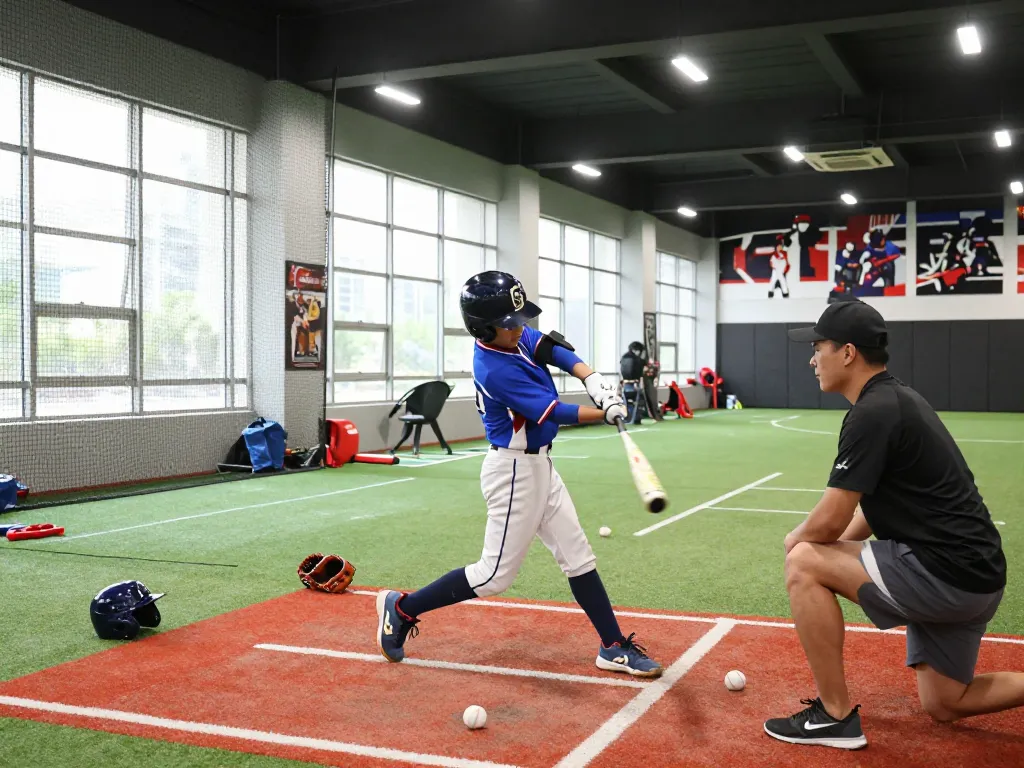 Young athlete practicing batting at Hitclub, showcasing teamwork and dedication in a dynamic training environment.