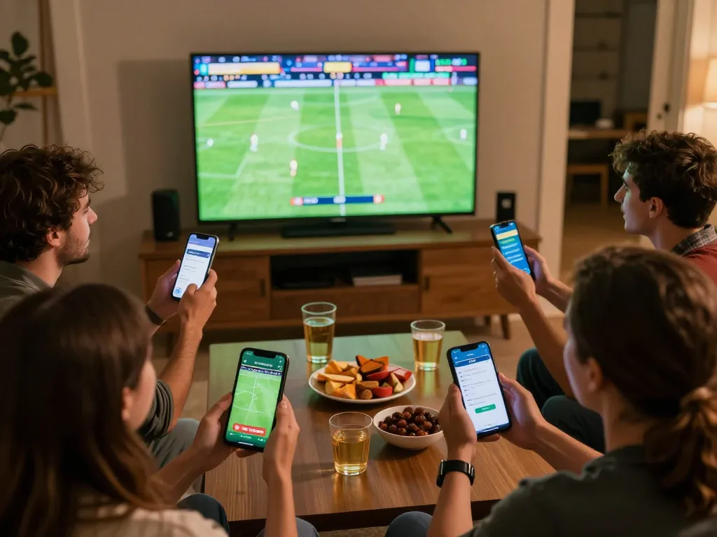 Friends engaging in sports betting on tg88 mobile app while watching a live game on TV