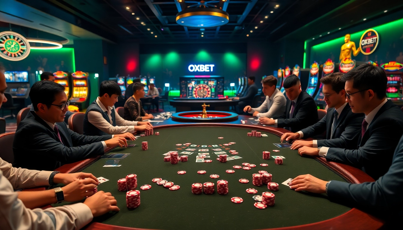 Players engage in thrilling poker action at OXBET, showcasing vibrant chips and high-stakes atmosphere.
