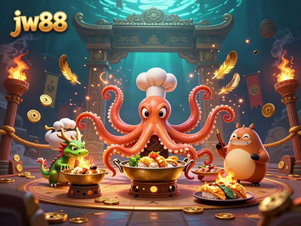 Engage in thrilling gameplay at JW88 with vibrant visuals of a dynamic casino scene featuring an octopus chef and dragon.